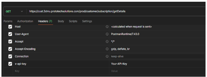 Include the API key in the header as x-api-key - Your-API-Key